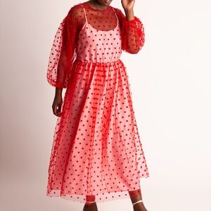 Eloquii Red/Pink Sheer Dot Maxi With Puff Sleeves | Size 24 NWT